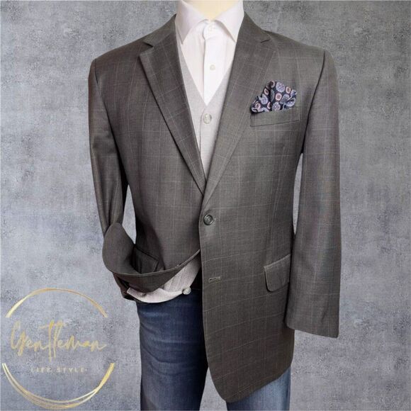 JOS A BANK Mens Blazer Sport Coat Two Button Jacket 46R Brown Wool Windowpane - Picture 2 of 11